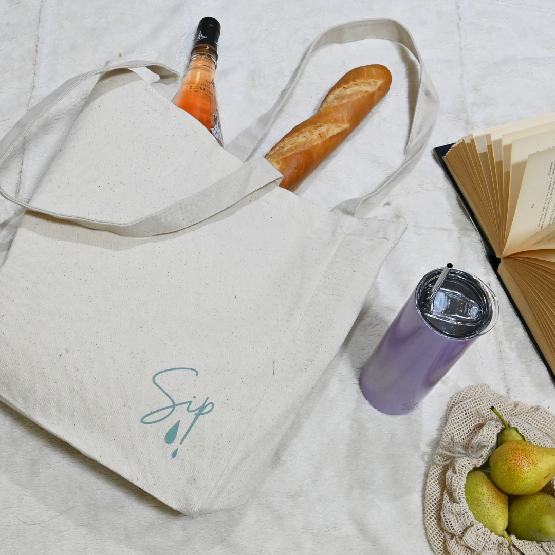 Reusable Canvas Bag with Bottle Pocket & Slogan