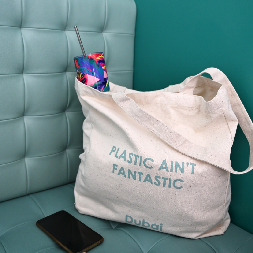 Reusable Canvas Bag with Bottle Pocket & Slogan